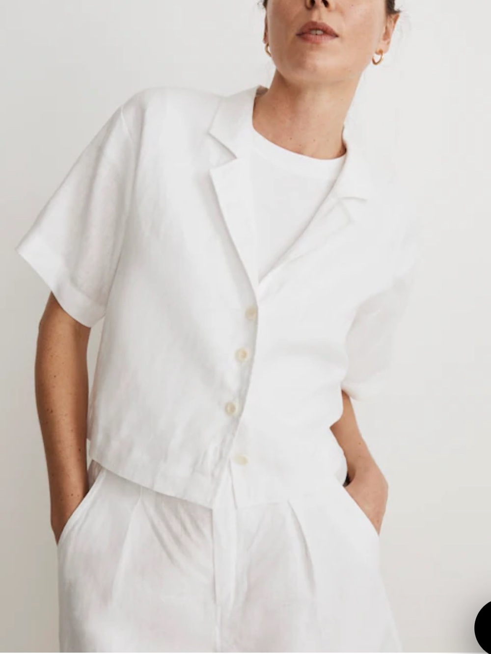 Madewell Linen-Blend Crop Resort Shirt (White) large cropped